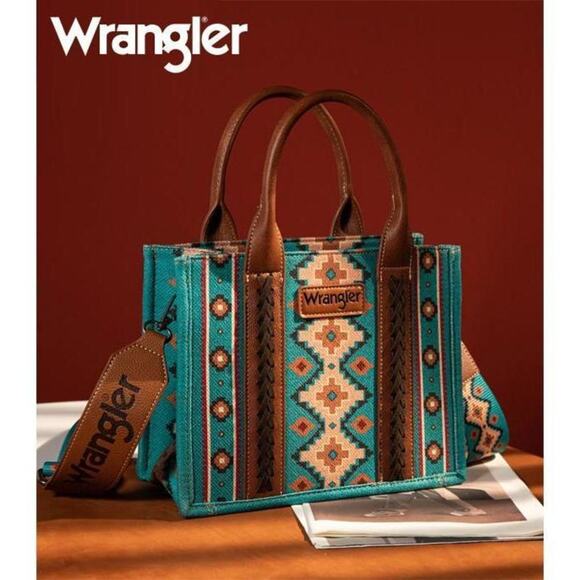 NWT Wrangler Southwestern Print Small Canvas Tote Crossbody Bag - Turquoise - Picture 1 of 9